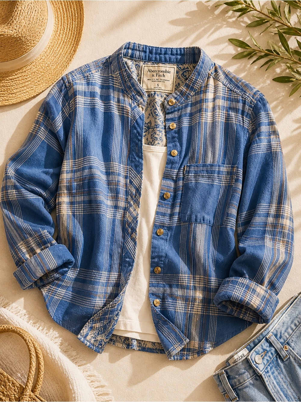 Abercrombie & Fitch Blue Plaid Button Front Shirt | Lightweight Coastal Layer S